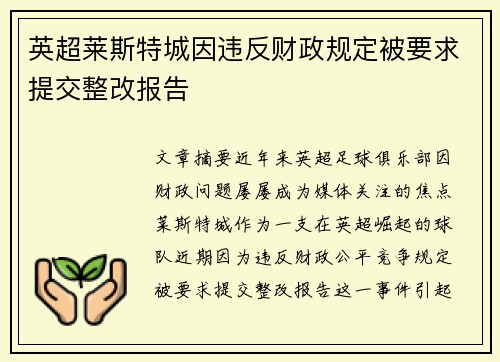 英超莱斯特城因违反财政规定被要求提交整改报告 英超莱斯特城因违反财政规定被要求提交整改报告