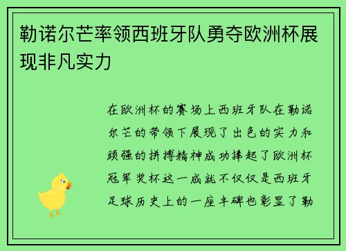 勒诺尔芒率领西班牙队勇夺欧洲杯展现非凡实力