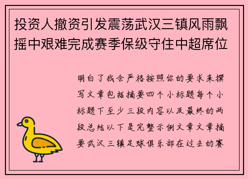 投资人撤资引发震荡武汉三镇风雨飘摇中艰难完成赛季保级守住中超席位